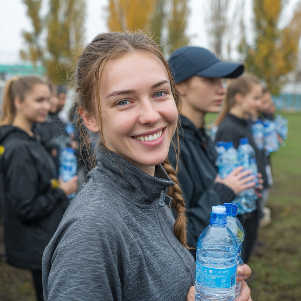 Група усміхнених українських дорослих тримає пляшки з водою після тренування на свіжому повітрі