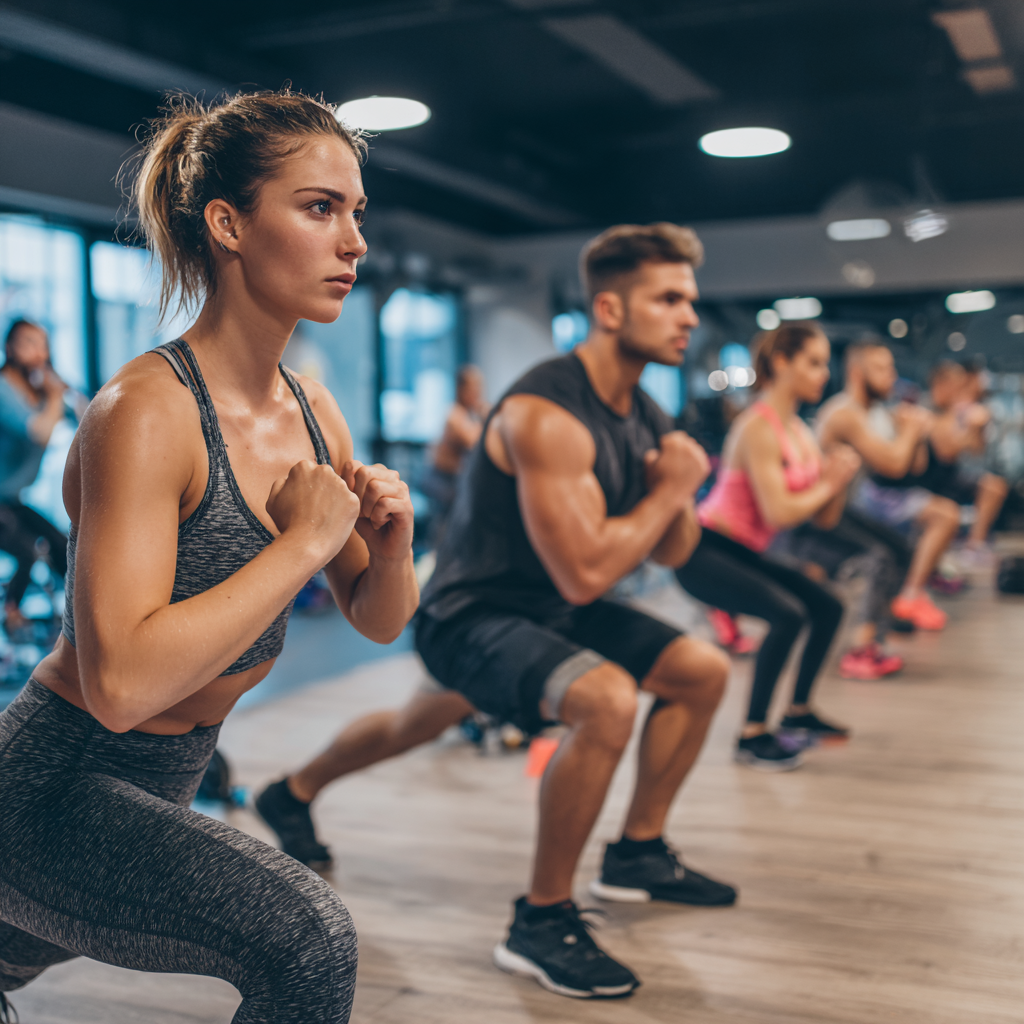 Українські дорослі різного віку виконують кардіо-вправи з щасливими виразами обличчя в сучасному фітнес-залі